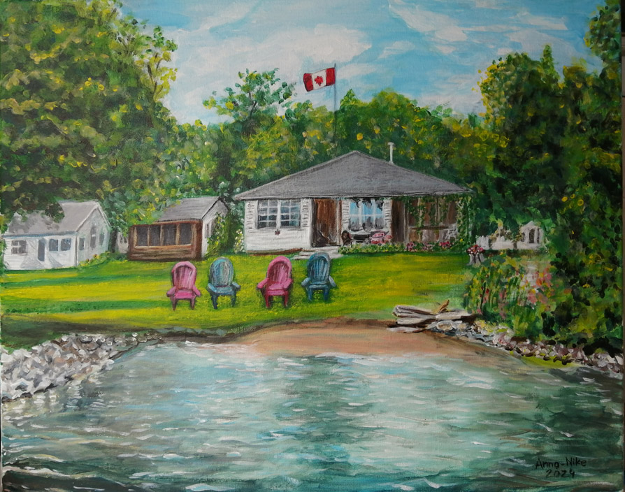 Painting of a lake in the foreground.
		Behind the lake are a row of outdoor chairs, a row of cottages, trees, blue sky, and a waving Canadian flag.