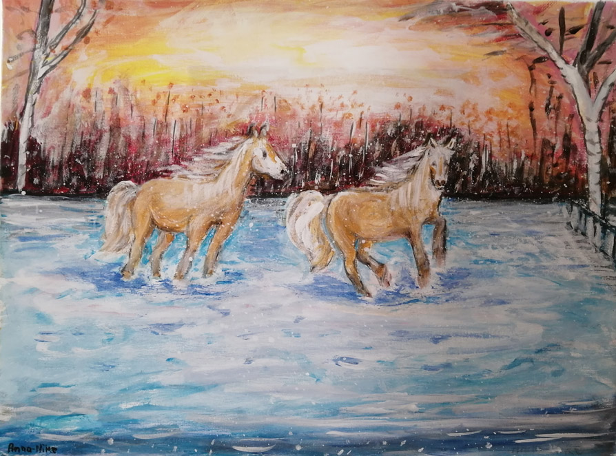 Painting of two young light brown horses prancing in snow, in the background a red sunset.