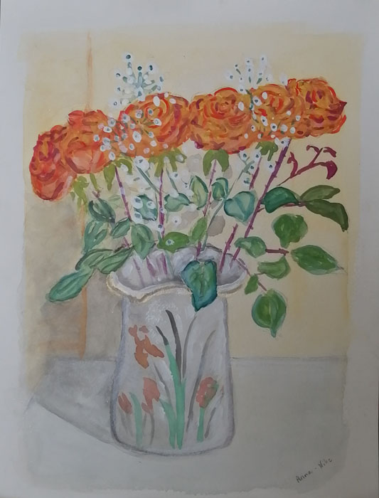 Mixed media painting of six tea roses in a vase.