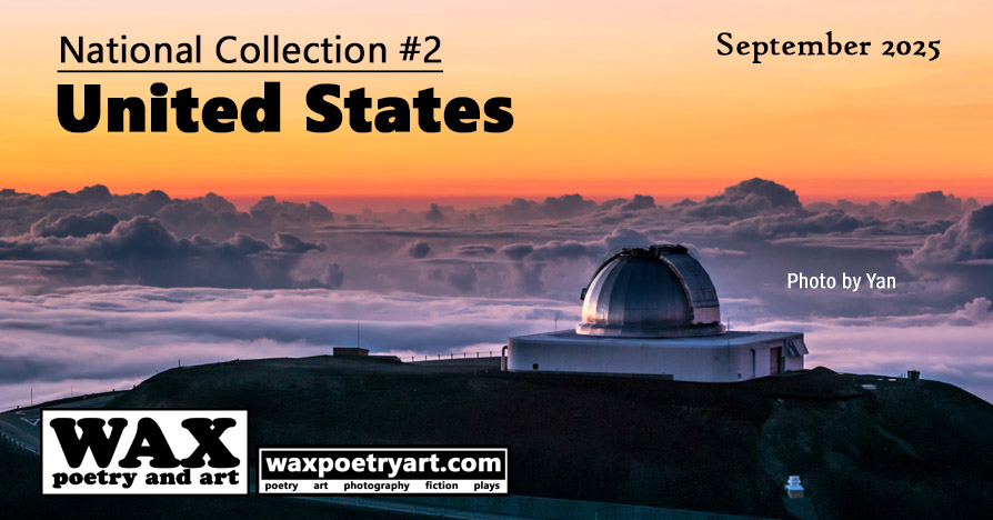 National Collection #2: United states. Image shows an aerial view of a science observatory surrounded by clouds at sunset.