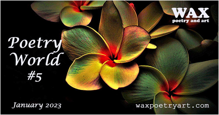 Poetry World #5. Cover image shows an artistic photo of deeply coloured frangipani flowers with green, yellow, and red hues in front of a black background, all framed with a thin white border.
