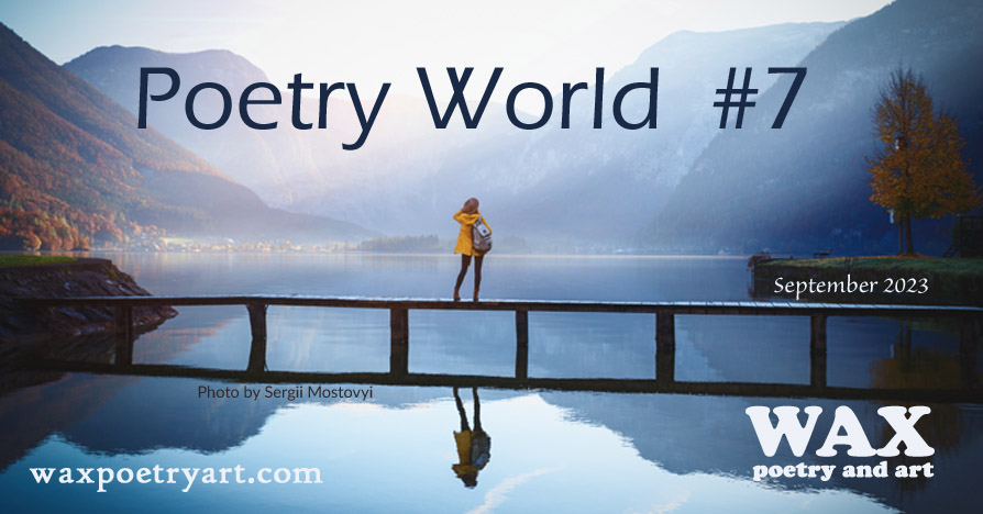 In the image, large letters state, 'Poetry World #7'. A feminine figure in a yellow jacket and a white canvas backpack faces away from the viewer toward a mountain.
		She stands on a wooden bridge, the water extends behind her and toward the mountain in front of her.
		The wooden bridge extends horizontally across the image.
		There is a reflection of the bridge and the figures standing on it.