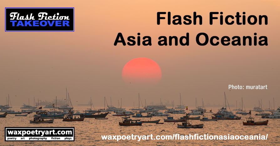 Cover image shows a hazy scene of boats on the water with a red sun in the centre of the image.