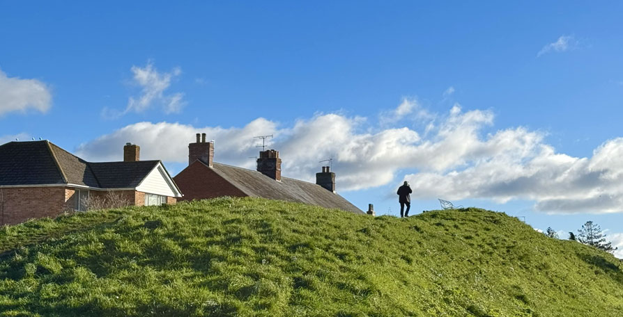 Photo shows a man in business attire walking along a hill as high as the roofs of the houses behind the hill.