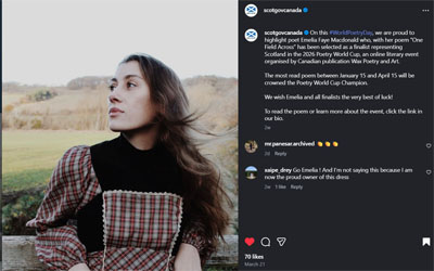 Screenshot of the Instagram post from Scottish Government in Canada supporting Emeila Faye Macdonald.