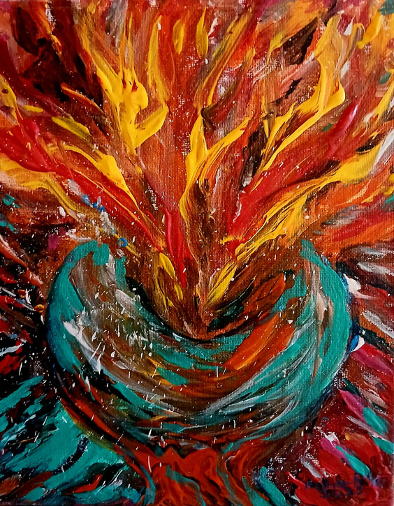 Vivid painting of a fiery cauldron.