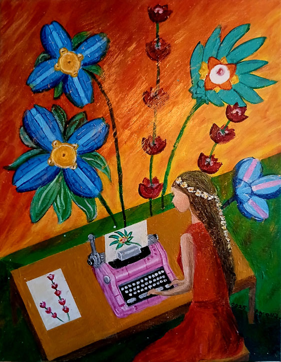 Painting of a woman at a typewriter, with colourful flowers coming out of the typewriter; fiery yellow background.