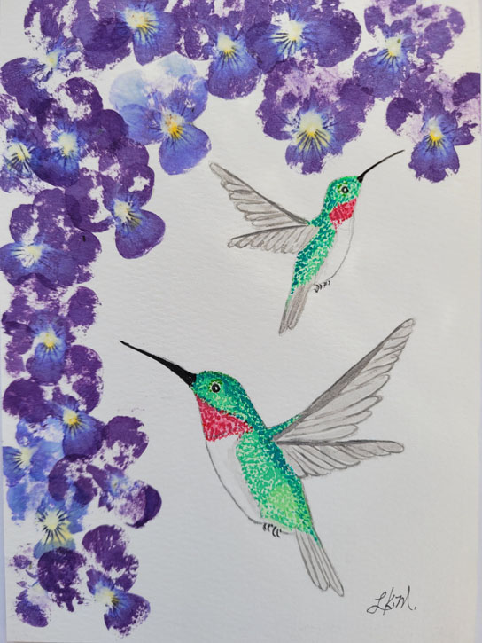 Watercolour painting of two hummingbirds approaching violets.