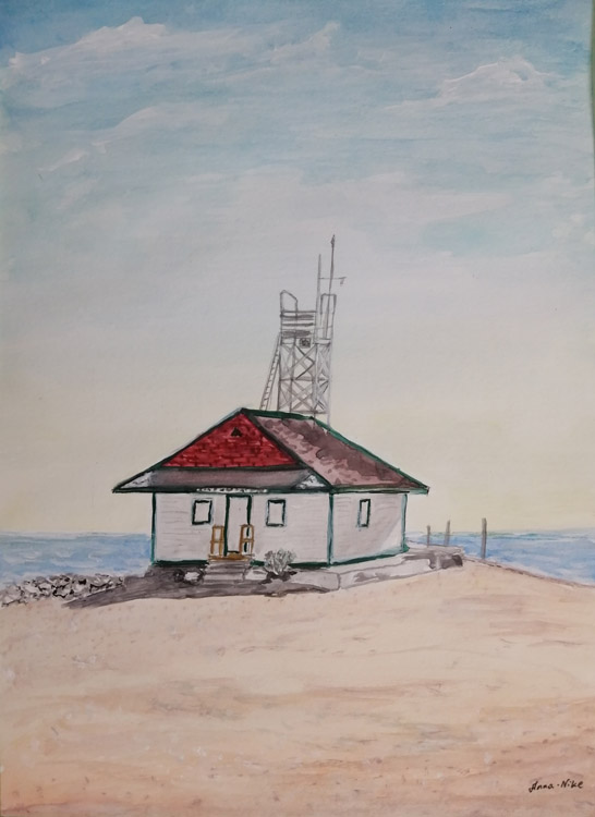 Painting of the Leuty Lifeguard Station in Toronto, a small white building with a red roof, lifeguard tower behind, water behind that, and sand in front.