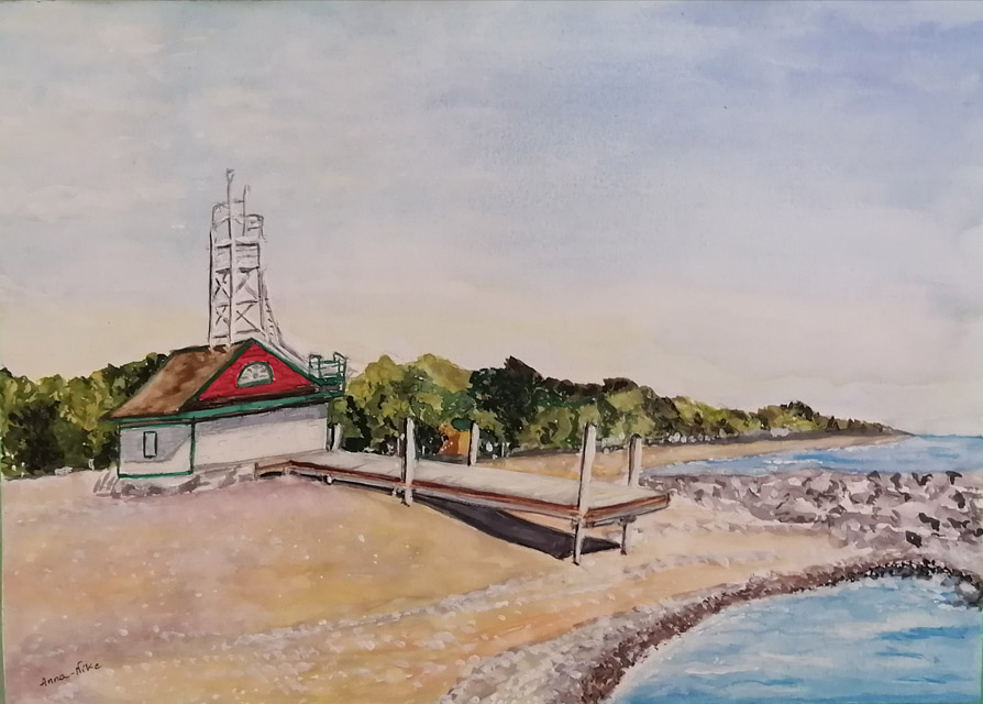 Painting of the Leuty Lifeguard Station in Toronto, shows the water-facing side in this image. A pier leads out from the station toward the water.
		The tide is low as the pier is over sand instead of water. 