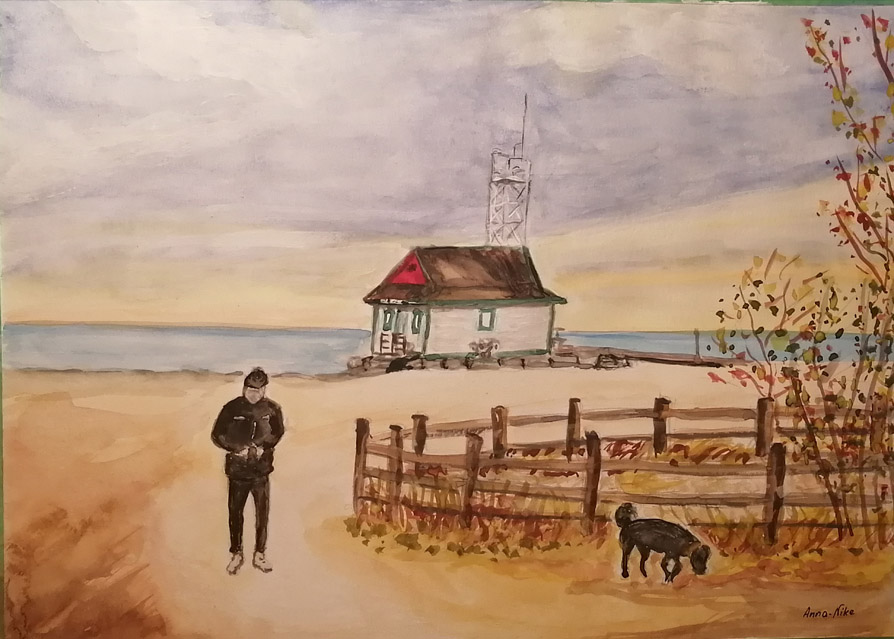 Painting of the Leuty Lifeguard Station in Toronto, shows a similar view to the first painting, but is set back to show a man walking a dog on a
		trail with the lifeguard station behind them.