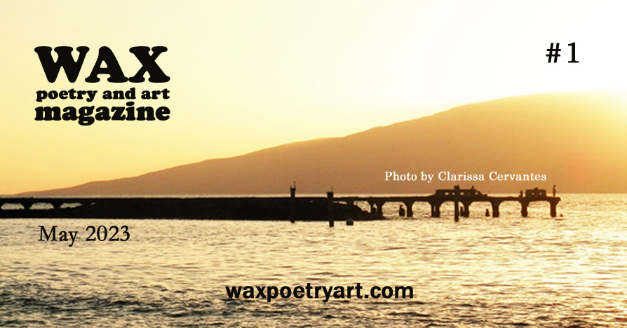 Image text reads, Wax Poetry and Art Magazine, #1, waxpoetart.com, Photo by Clarissa Cervantes.
		The photo is composed of calm ocean making up the bottom half of the image.
		There are no waves but undulation can be seen toward the bottom left of the photo.
		A long pier about halfway, vertically.
		The pier extends from the left side of the photo until almost all the way to the right side.
		The his a sloping hill in the background behind the pier.
		The hill is sloping upward from the left to the right.
		The the right side of the photo, the glare of the sun setting behind the hill is bright.
		There is a golden hue over everything.
		Looking more closely at the pier, the silhouette of persons fishing can be seen.