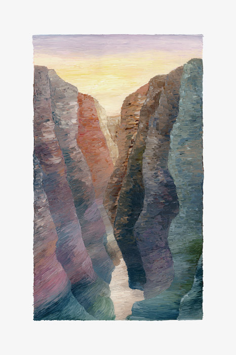 Image shows a tall canyon with undulating rockface.
		Sunlight filters through, making the left side of the canyon lighter.
		At the top of the painting is sky; at the bottom is the flowing water that created the canyon.
		The canyon is reflected in the water.