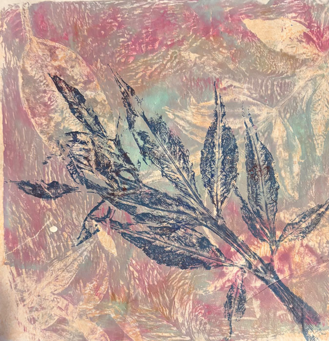 Painting shows overlaying leaf patterns, the top layer is black on top of light yellow and red.