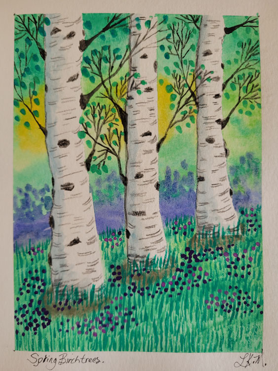 Watercolour painting showing the white trunks of three birch trees upon green grass covered in flowers. 
		In the background, purples, yellows, and greens, suggesting the Spring season.