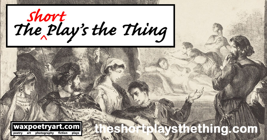 Cover image shows a drawing from the 1800s by Eugene Delacroix depicting Hamlet and the King watching
	the staged play as a player pours poison into the character's ear.