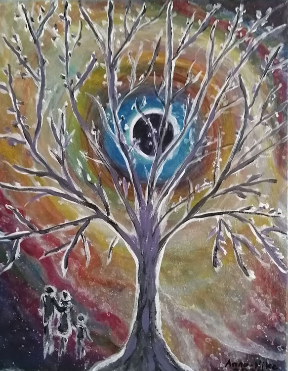 Painting of a family of three watching an eclipse through a bare tree. A magical feeling.