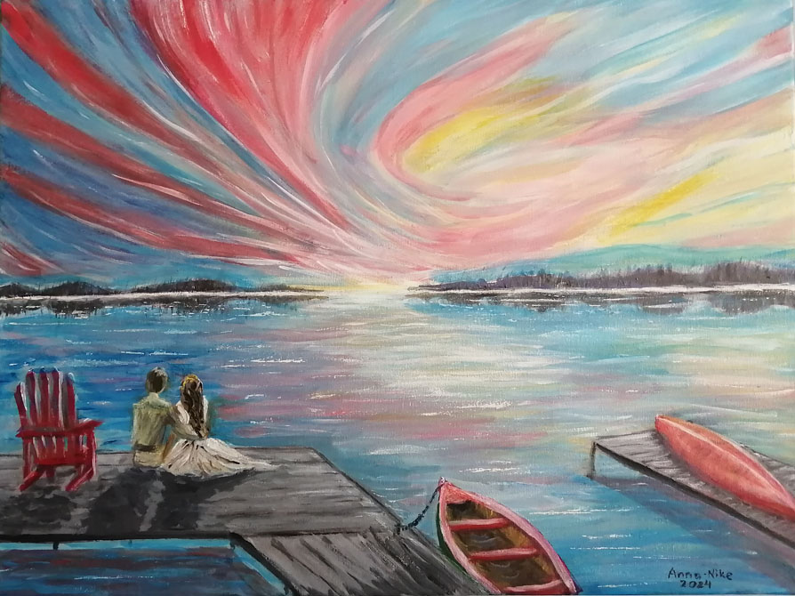 Painting of a couple watching sunset on a lake, the colourful sunset reflected in the water.