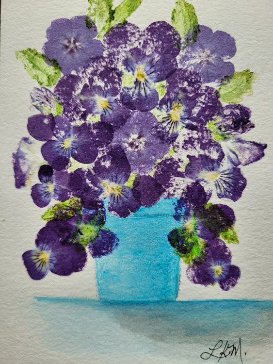 Watercolour painting of a purple flowering plant in a baby blue flowerpot.