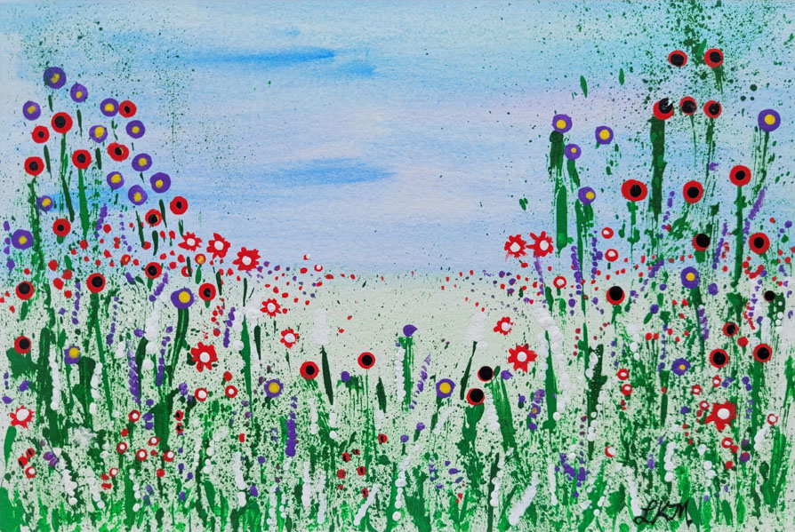Watercolour of a flowering grassy field.