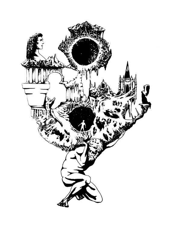 A black pen and ink drawing with mythical and Escher-like qualities, strange and classic figures and shapes.