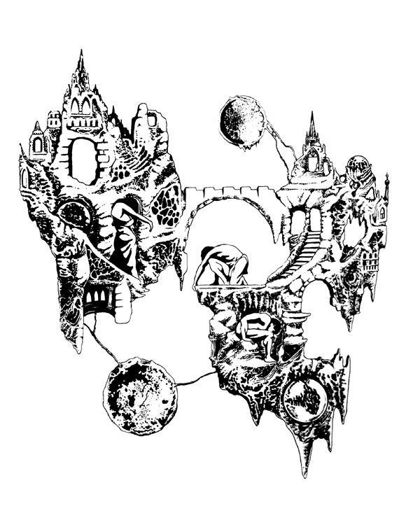 A black pen and ink drawing with mythical and Escher-like qualities, strange and classic figures and shapes.