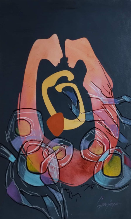 Painting with a black background, a U-shaped figure in red with two faces, covered in pieces of what looks like transparent glass.