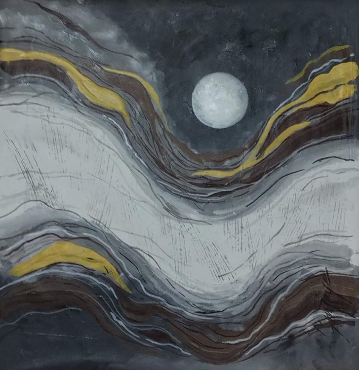 Painting of the moon above a thick wavy band coloured white in the middle and brown and yellow on the edges.