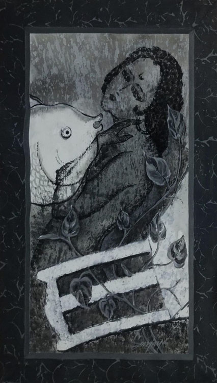 Painting of a woman leaning back in a chair holding a large fish like a child.